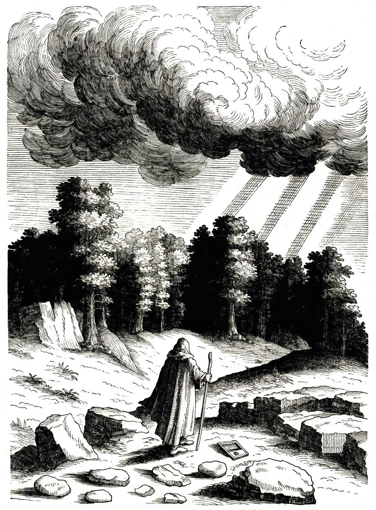 Engraving of a hooded wanderer walking toward a forest, a discarded device left on the path