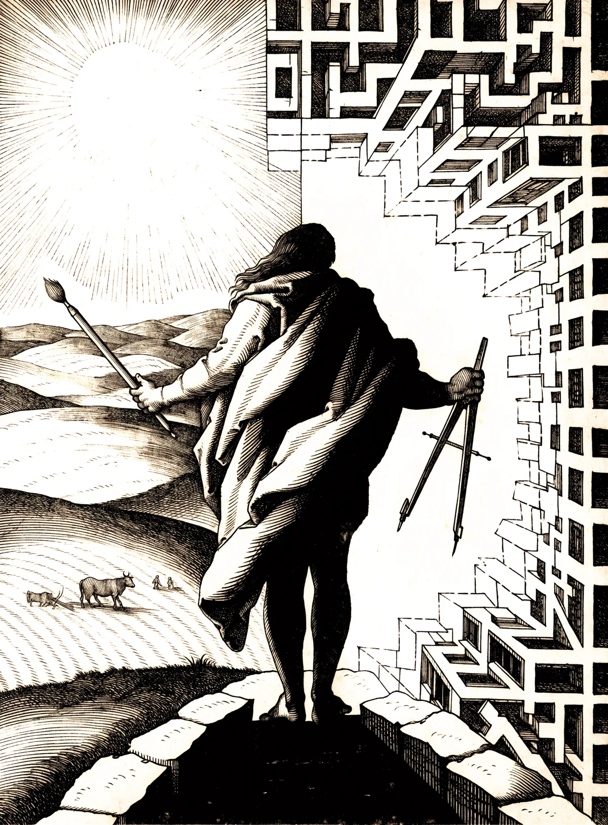 Engraving of a cloaked figure at a threshold between a pastoral landscape and a geometric city, holding a brush and a compass